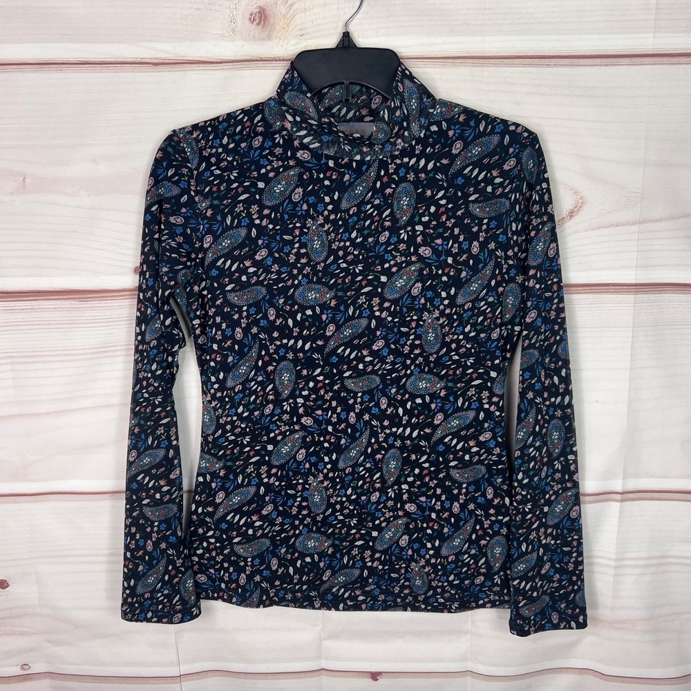Tweed Top Womens S Black Paisley Blouse Mesh Knit Long Sleeve Mock Neck Stretch
